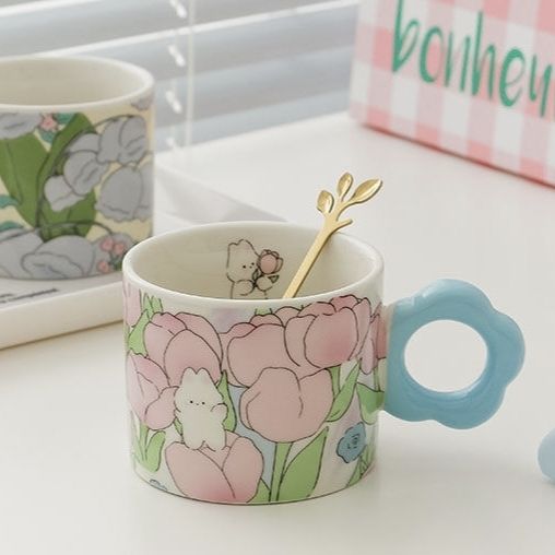 小众郁金香可爱陶瓷杯兔子马克杯花朵把手男女情侣咖啡杯礼盒水杯