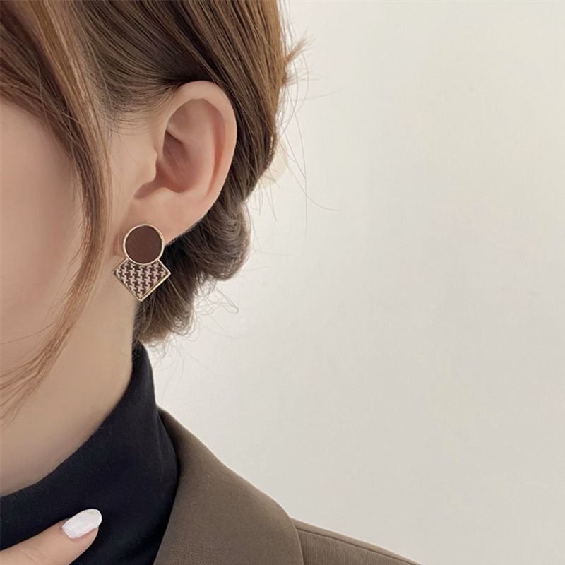 純銀耳釘千鳥格幾何復古耳環女2023年新款潮耳飾秋冬小眾設計感