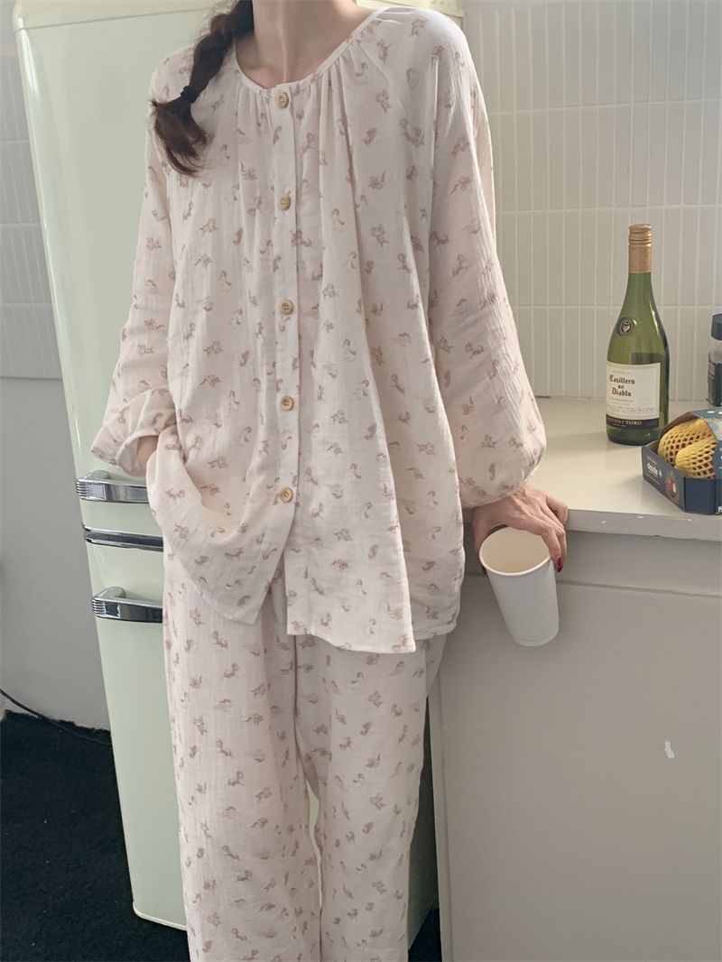 Ins wind pajamas women's spring and autumn new French mesh printing deer baby cotton sense long-sleeved home clothes suit thin