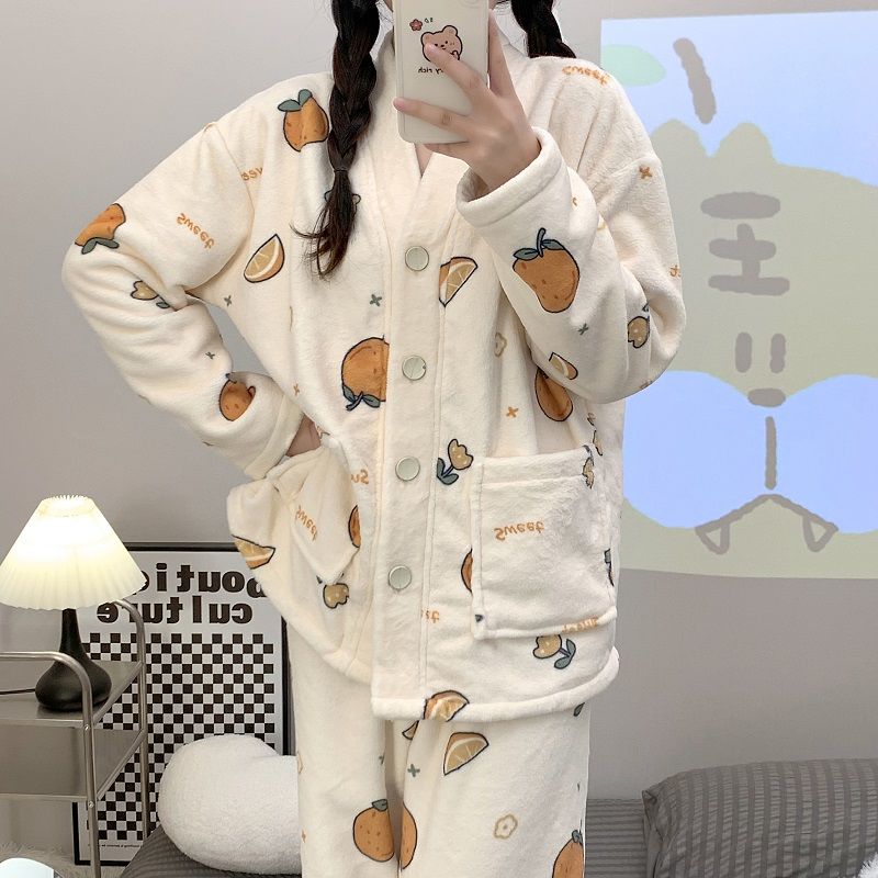 Coral fleece pajamas women's autumn and winter new cardigan small fragrant style thickened flannel cute cartoon can be worn outside home clothes