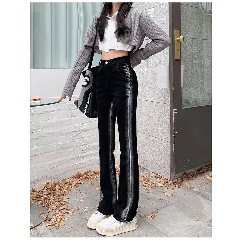 Black trimming slightly flared jeans women's spring and autumn high waist slimming large size fat mm hot girl gradient flared horseshoe pants