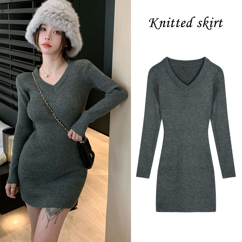Spice girl long-sleeved knitted dress women's autumn and winter pure desire tight skirt slim waist v-neck bottoming bag hip skirt