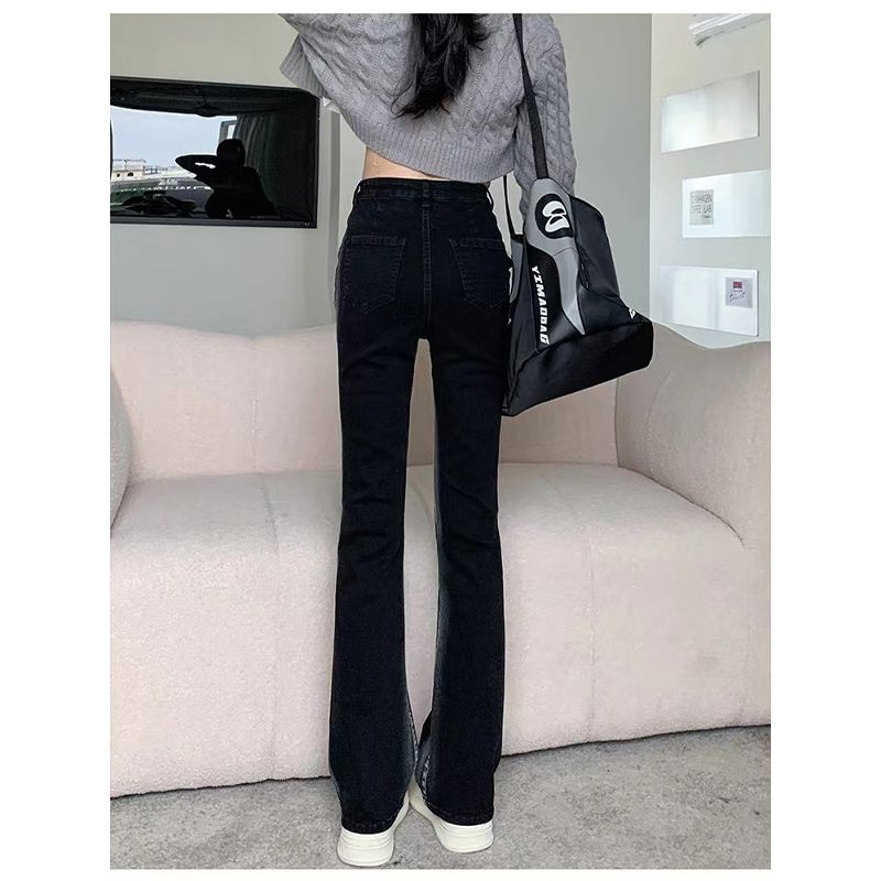Black trimming slightly flared jeans women's spring and autumn high waist slimming large size fat mm hot girl gradient flared horseshoe pants