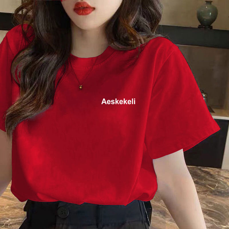 100%純棉短袖t恤女春夏季新款韓版寬鬆百搭紅色氣質ins上衣服潮