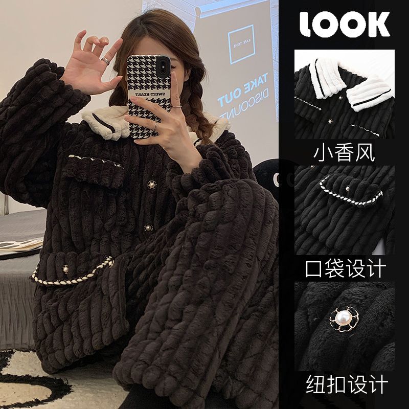 珊瑚絨睡衣女秋冬款加厚可外穿加絨法蘭絨家居服三層夾棉大碼套裝