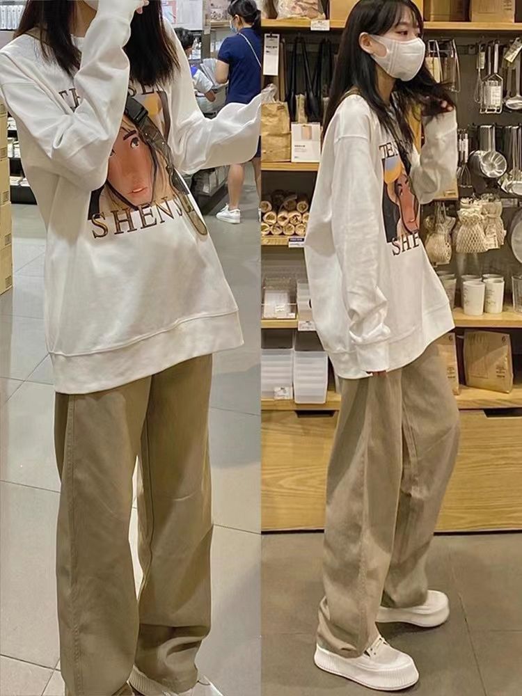 卡其直筒牛仔褲女秋冬大碼胖mm高腰寬鬆顯瘦百搭休閒闊腿拖地褲子