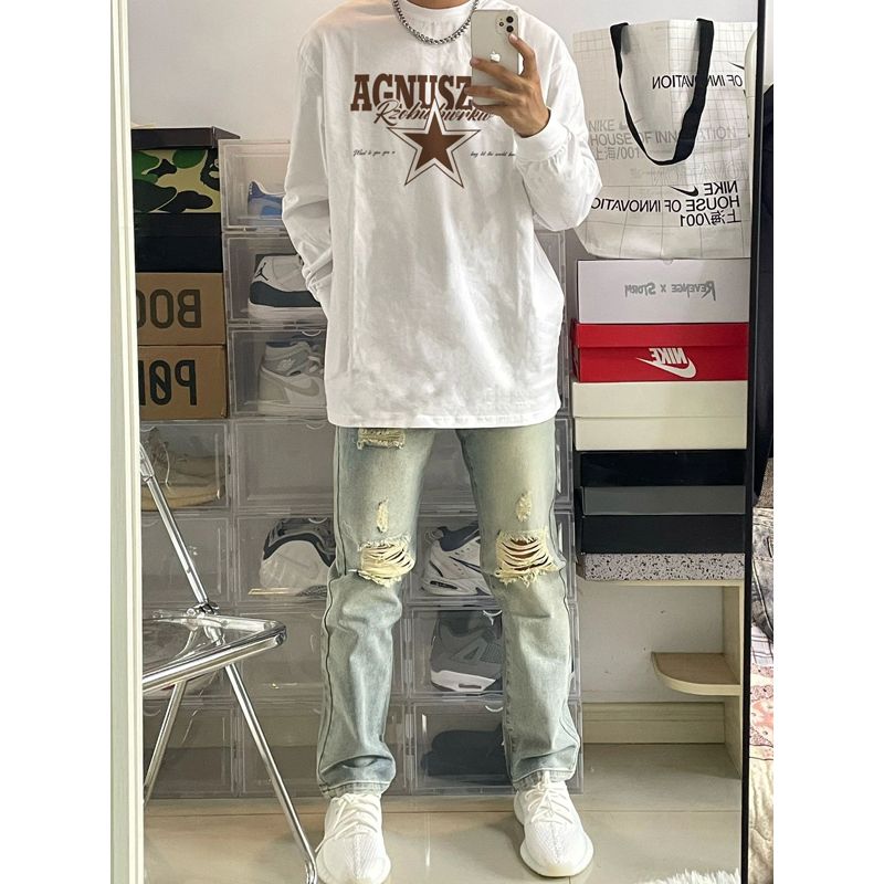 100% cotton long-sleeved T-shirt men's ins autumn and winter trendy brand letter printing street style loose bottoming top