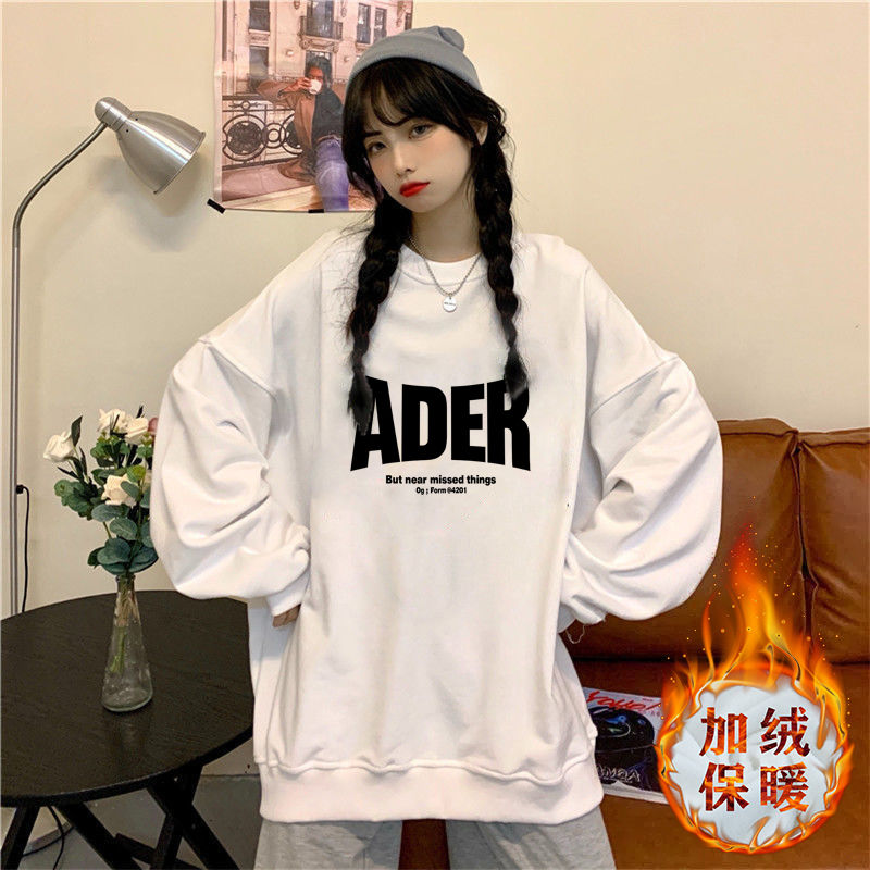 Sweater women's autumn and winter plus velvet thick mid-length lazy style BF loose all-match bottoming shirt top coat ins tide