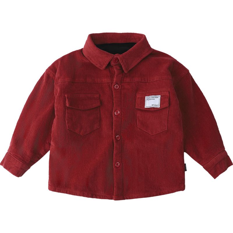 男童加绒衬衫秋冬季潮流宝宝保暖上衣儿童新年红色衬衣灯芯绒外套