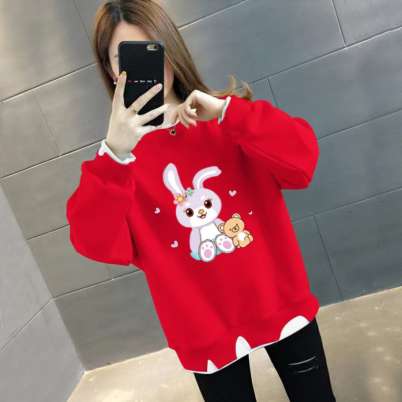 大紅假兩件無帽衛衣女秋冬加絨保暖寬鬆大碼女裝胖時尚mm破洞上衣