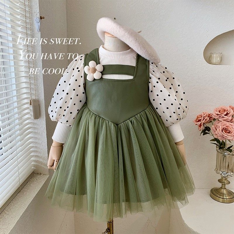 女童裙子春秋2023新款韓范童裝洋氣假兩件蓬蓬裙生日禮服公主裙