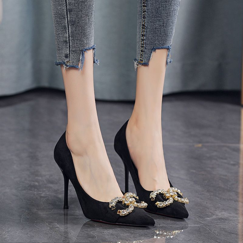 Rhinestone black suede sexy high-heeled shoes stiletto 2023 new pointed toe temperament design sense French single shoes women
