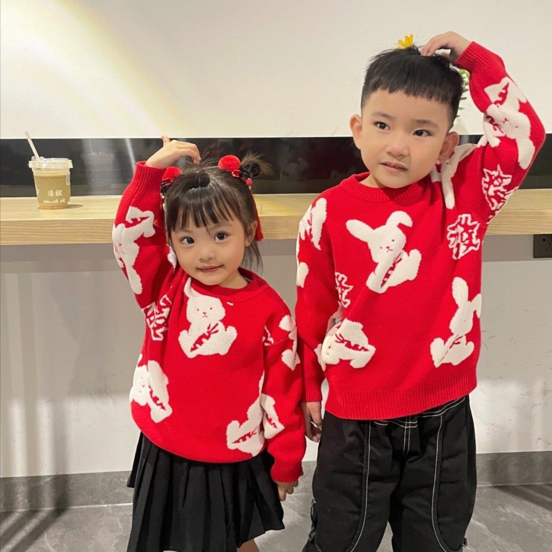 Children's sweater New Year of the Rabbit New Year Boys and Girls Red Little Rabbit 2023 Year of the Rabbit Parent-child New Year's Clothes