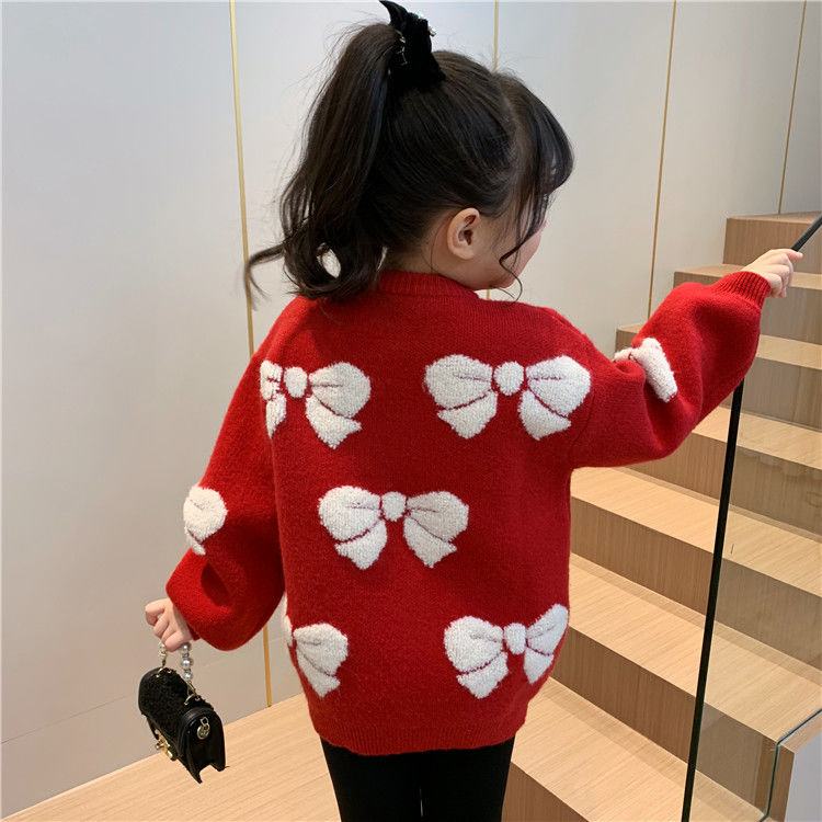 女童毛衣洋气儿童加绒针织衫冬装新款小女孩红色新年圣诞加厚毛衣