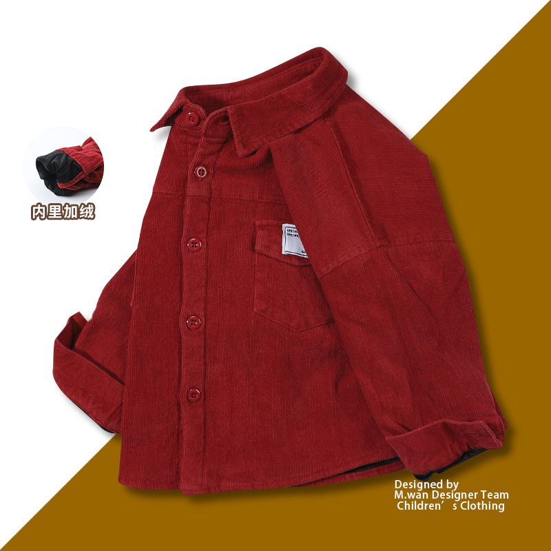 男童加绒衬衫秋冬季潮流宝宝保暖上衣儿童新年红色衬衣灯芯绒外套
