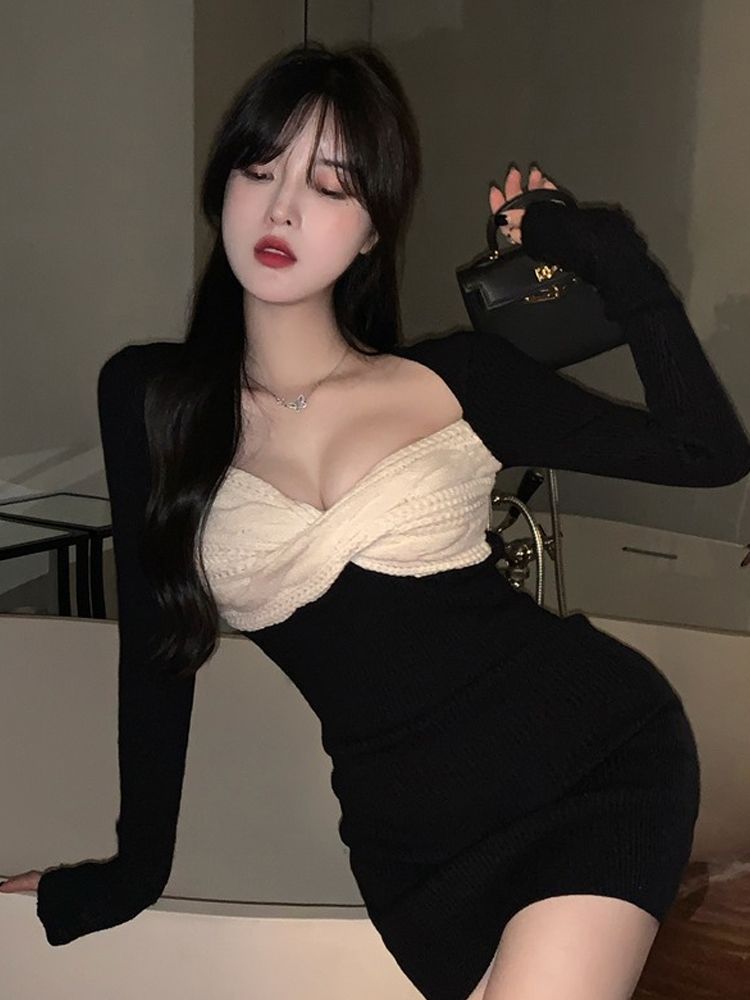 辣妹低胸v領交叉連衣裙女秋冬設計感氣質純欲包臀裙子針織短裙子