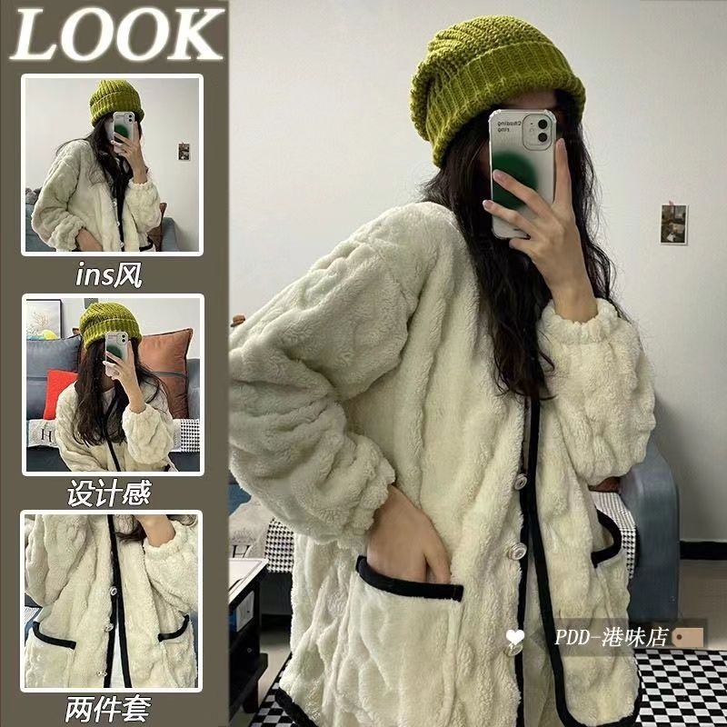 韓系高級感純色珊瑚絨睡衣女2022冬季新款加厚保暖長褲家居服套裝