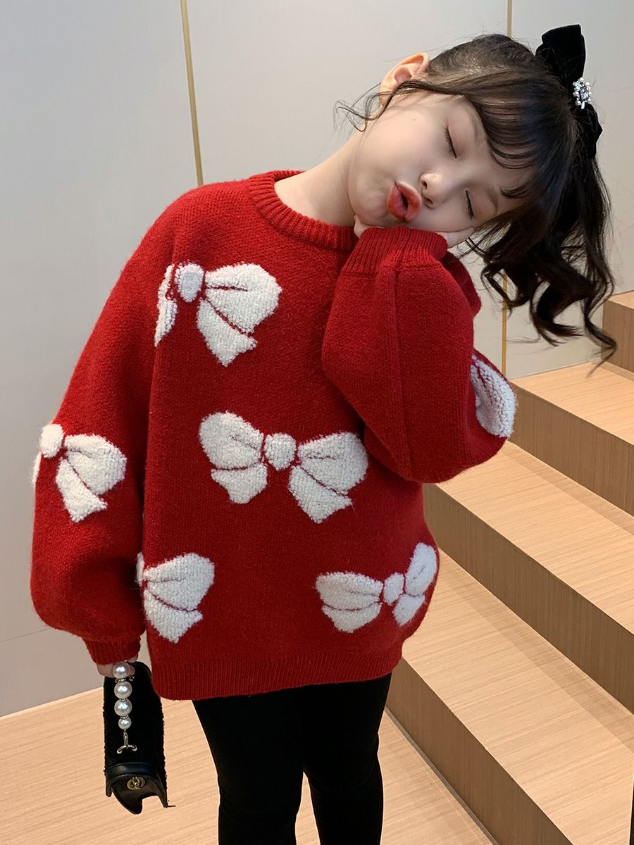 女童毛衣洋氣兒童加絨針織衫冬裝新款小女孩紅色新年聖誕加厚毛衣