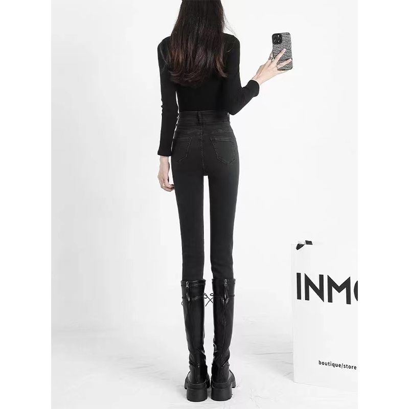 YSYOURS鉛筆牛仔褲女春秋高腰顯瘦彈力大碼煙灰色九分緊身小腳褲