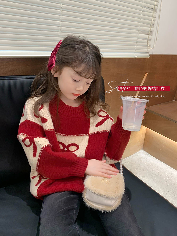 女童紅色毛衣加絨加厚秋冬裝新款洋氣兒童針織衫童裝聖誕拜年線衣