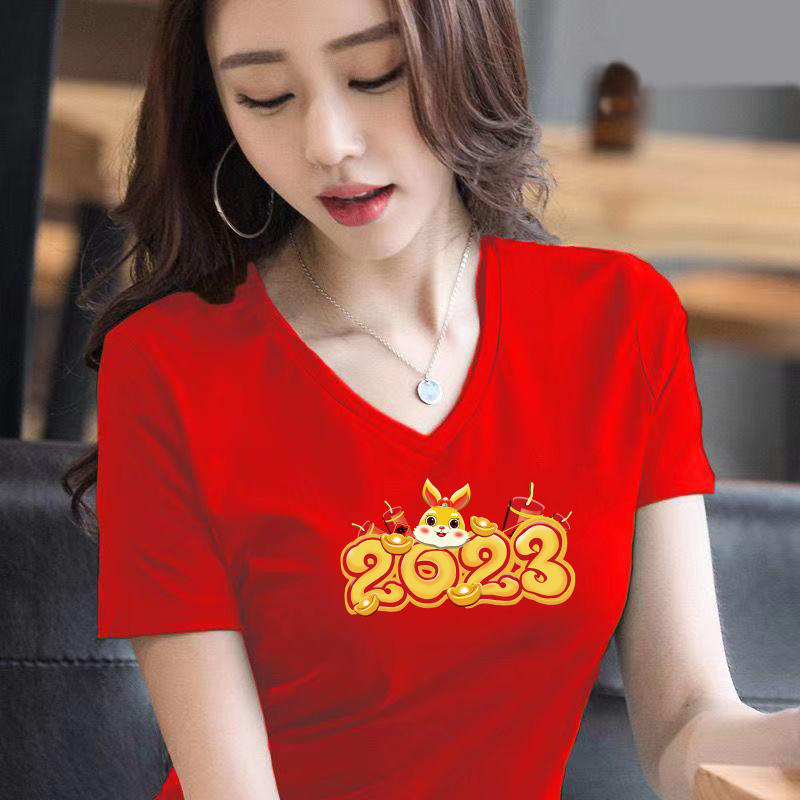本命年2023兔年精梳棉V領雞心領紅色短袖t恤女寬鬆休閒印花女上衣