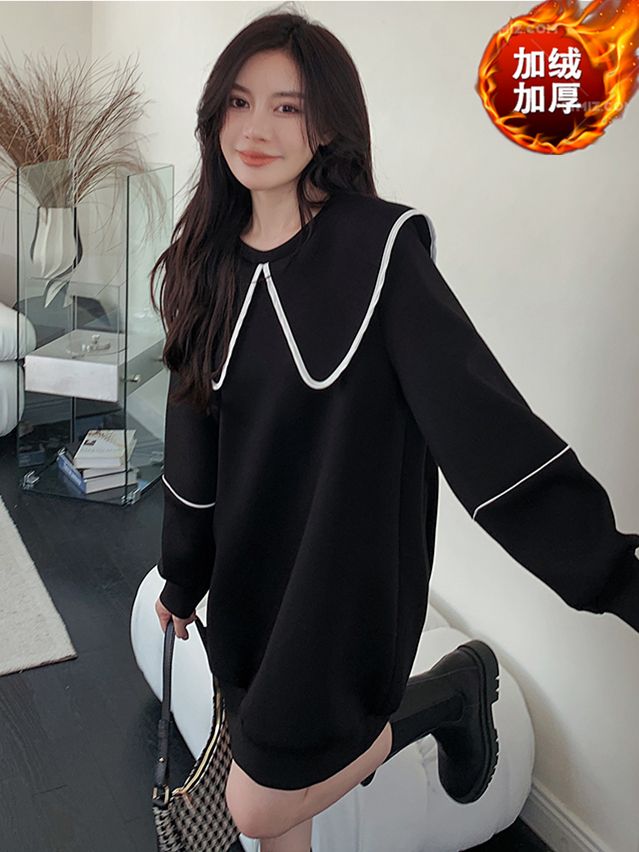 Spring doll collar mid-length sweater dress fat MM extra large size 300 catties loose hip cover thin velvet dress