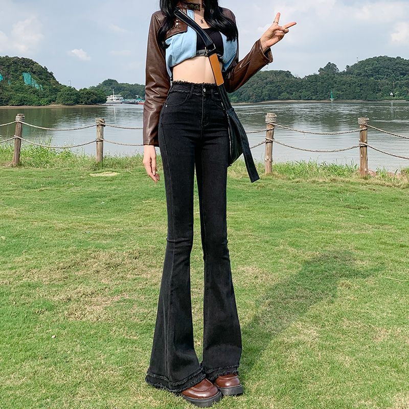 黑色微喇牛仔褲女春秋2023年新款高腰顯瘦彈力修身加長毛邊馬蹄褲