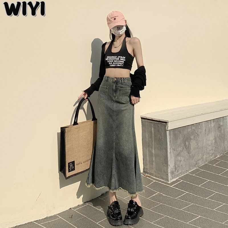 WIYI 復古設計感毛邊牛仔半身裙女秋冬新款a字高腰修身百搭中長裙