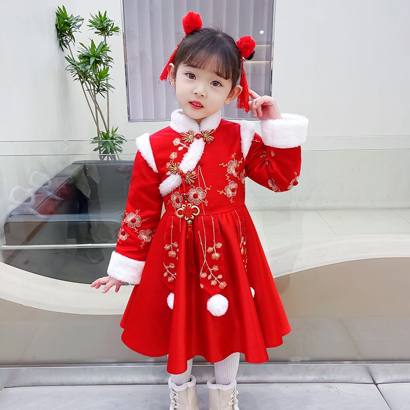 New Year's clothing girls Hanfu winter clothing children's New Year's clothing Chinese style Tang suit winter plus velvet festive baby New Year's clothing