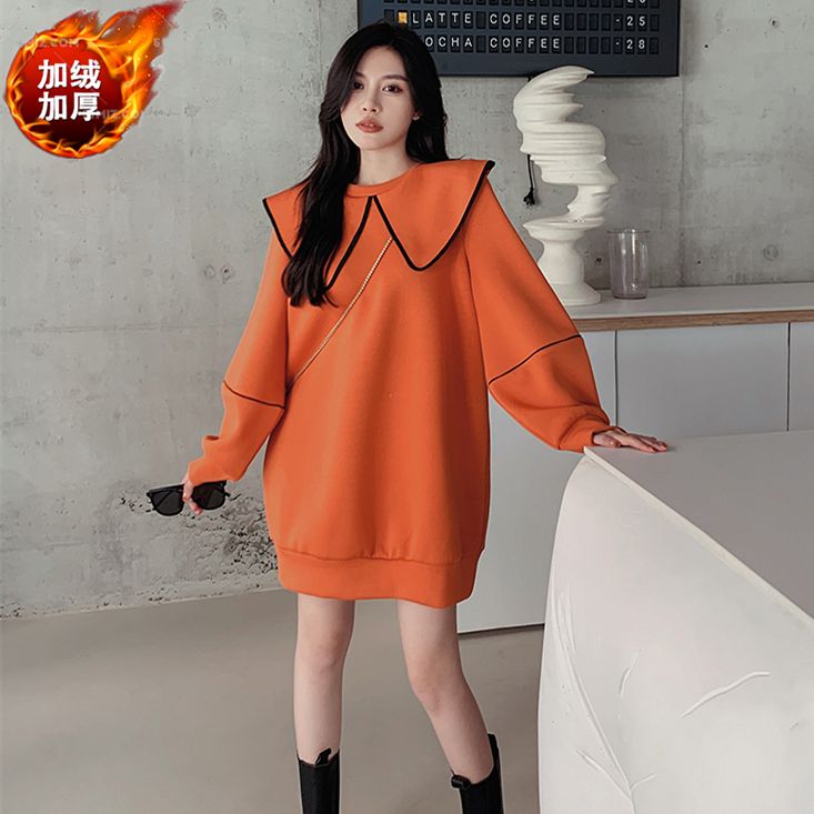 Spring doll collar mid-length sweater dress fat MM extra large size 300 catties loose hip cover thin velvet dress