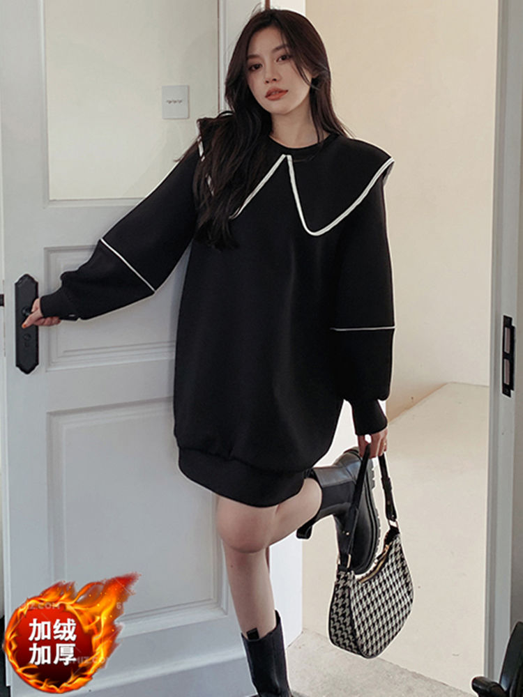 Spring doll collar mid-length sweater dress fat MM extra large size 300 catties loose hip cover thin velvet dress