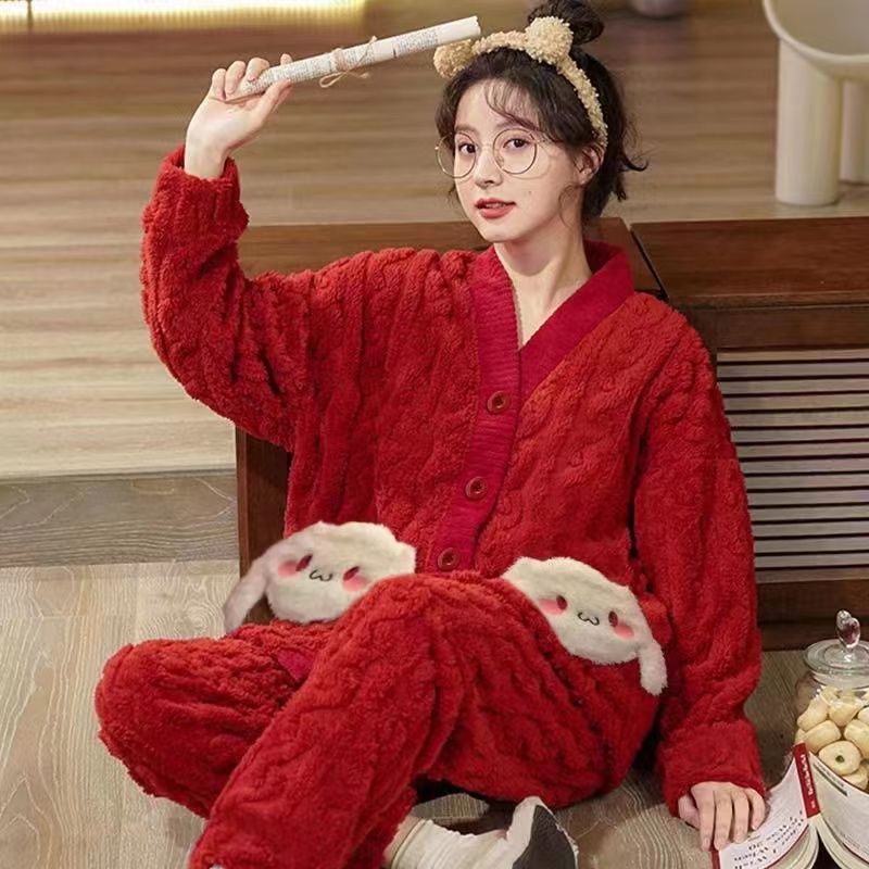 本命新年紅色小兔子珊瑚絨睡衣女款秋季冬天加厚法蘭絨過年家居服