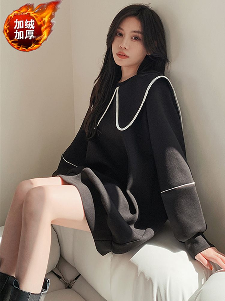 Spring doll collar mid-length sweater dress fat MM extra large size 300 catties loose hip cover thin velvet dress