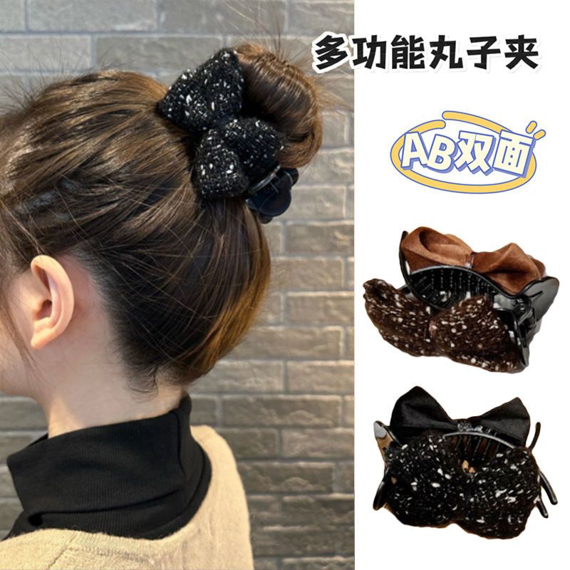 毛線絲絨雙面蝴蝶結髮夾女氣質丸子頭盤發抓夾鯊魚夾頭飾發卡髮飾