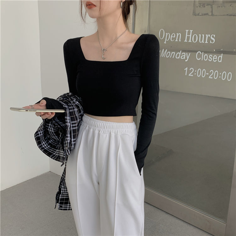 Black cotton long-sleeved t-shirt women's collar 2023 spring and autumn inner body slim top solid color all-match short bottoming shirt