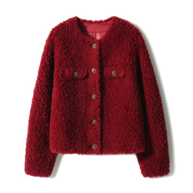 画朴新年红短外套女装2023秋冬季新款仿羊羔毛圆领设计感开衫上衣