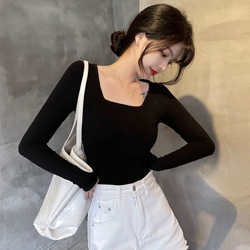 Positive shoulder pure cotton square collar hot girl long-sleeved T-shirt women's spring and autumn tight-fitting and slimming unique chic short inner top