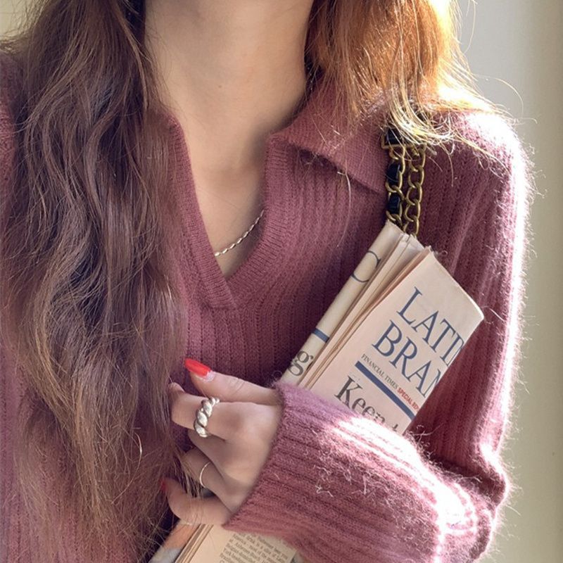 Japanese retro polo collar sweater for women in autumn and winter design niche soft waxy bottoming sweater with lapel top