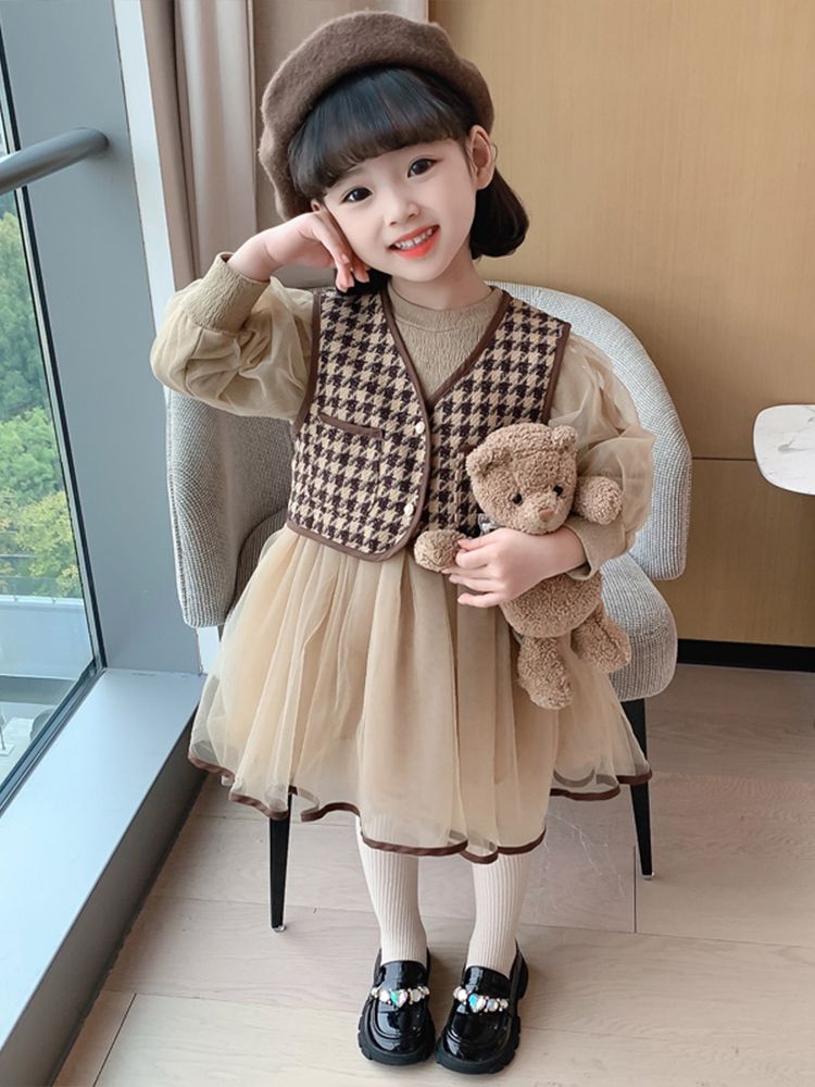 女童連衣裙春秋季新款2023韓版洋氣時髦寶寶背心套裝周歲公主紗裙