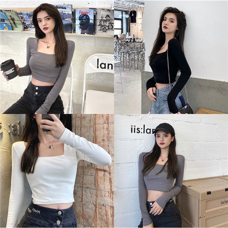Cotton long-sleeved T-shirt women's spring and autumn Korean version with temperament dancing tight-fitting short top white square collar bottoming shirt