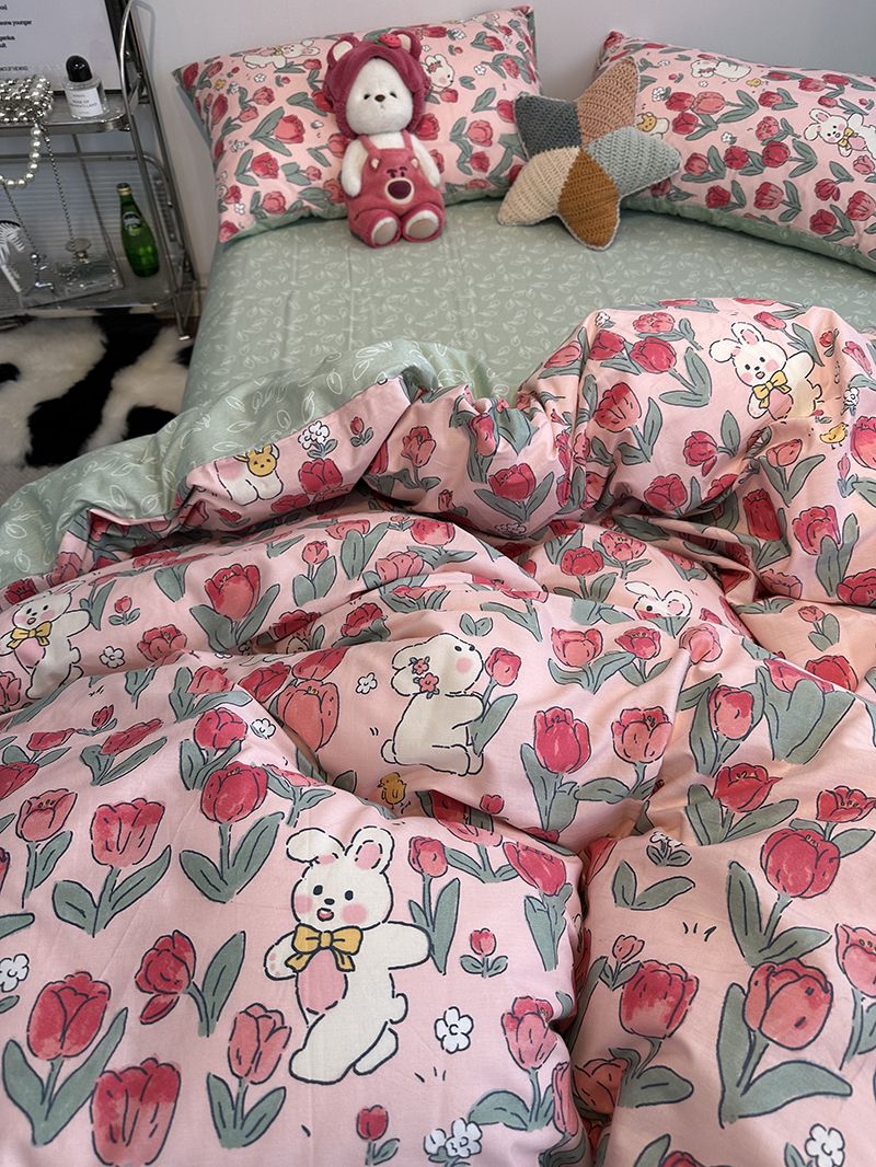 Tulip ins Cute Bunny 100 Cotton Bed Set of Four Pieces, Pure Cotton Quilt Set, Bed Sheet and Fitted Sheet Set of Three Pieces, Girl Heart Set