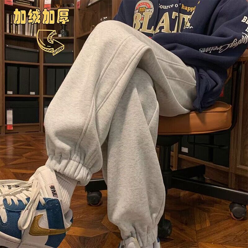 新款束腳衛褲男加絨加厚休閒青少年冬季潮牌灰色拉絨重磅運動褲子