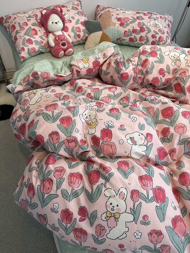 Tulip ins Cute Bunny 100 Cotton Bed Set of Four Pieces, Pure Cotton Quilt Set, Bed Sheet and Fitted Sheet Set of Three Pieces, Girl Heart Set