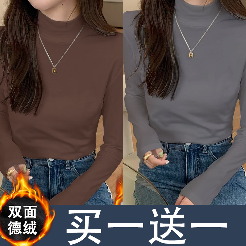  New Solid Color Warm Thickened Bottoming Shirt Half Turtle Collar Plus Velvet Inner Velvet Autumn and Winter Top