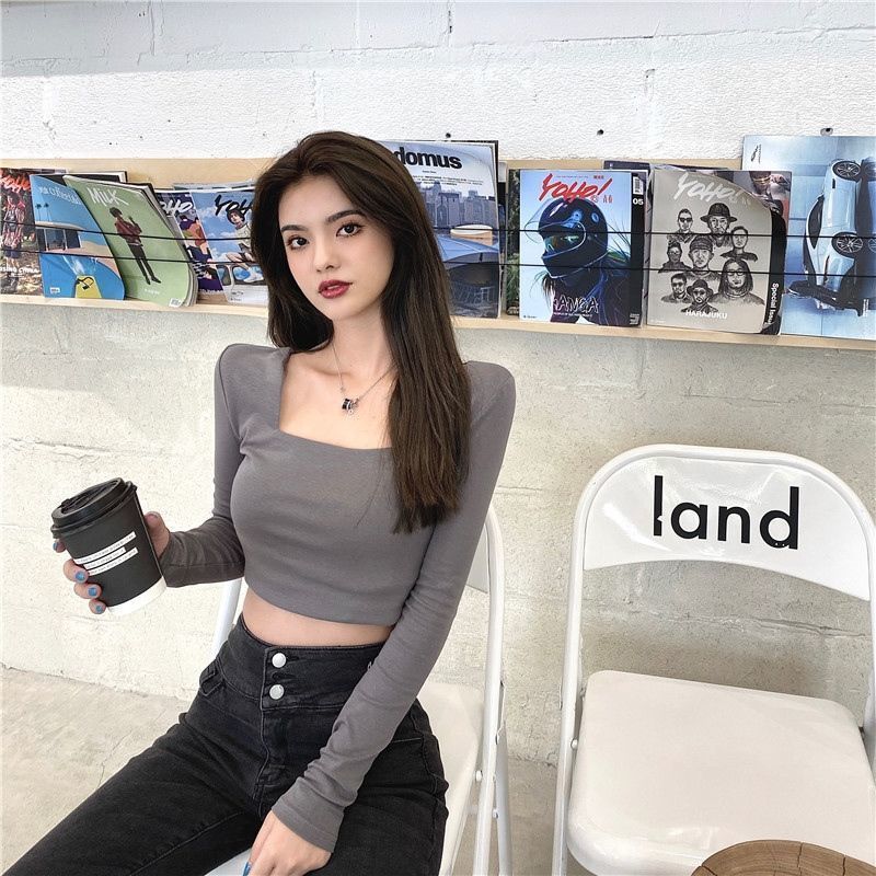 French cotton long-sleeved t-shirt women's early spring and autumn bottoming cover meat self-cultivation dance all-match square collar short hot girl top