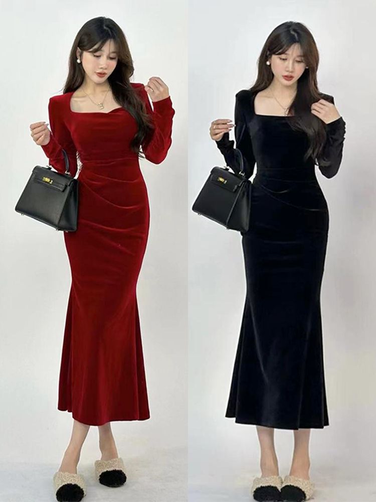 Xiaozi spring velvet wrap hip dress dress Christmas high-end cold wind red skirt women  new