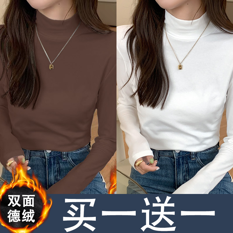  New Solid Color Warm Thickened Bottoming Shirt Half Turtle Collar Plus Velvet Inner Velvet Autumn and Winter Top