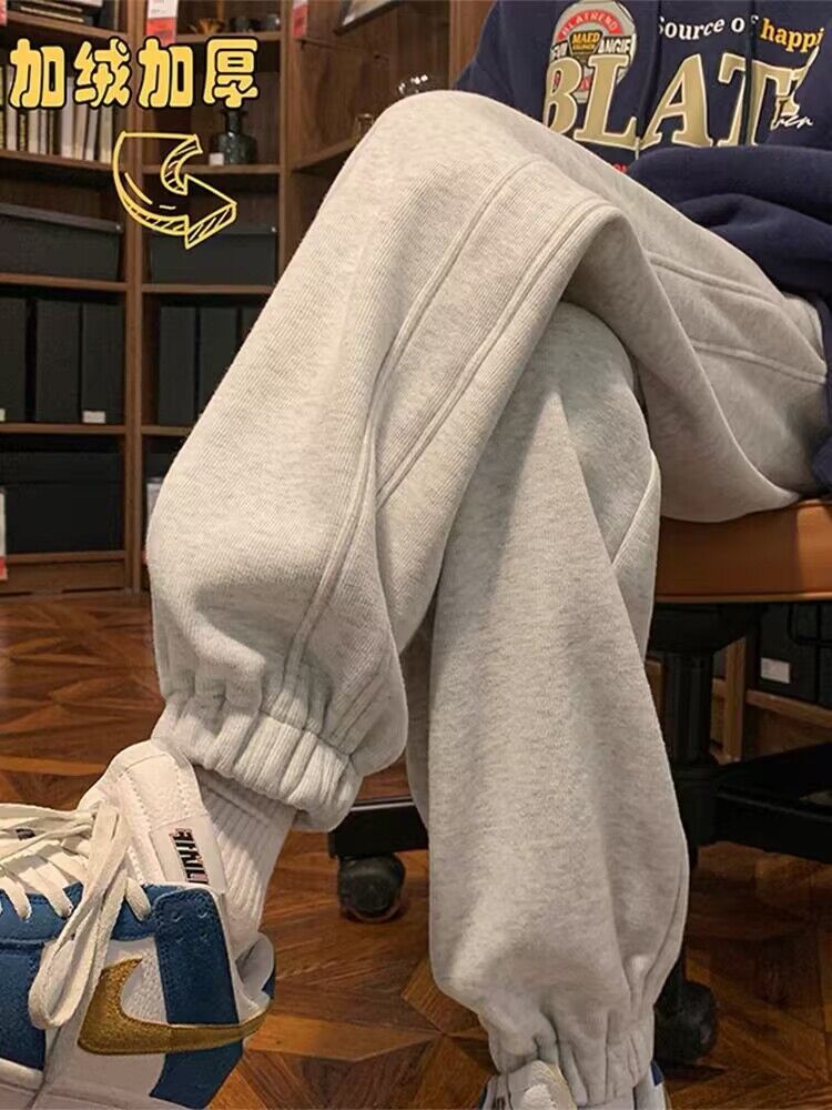 新款束腳衛褲男加絨加厚超厚青少年冬季潮牌灰色拉絨重磅運動褲子
