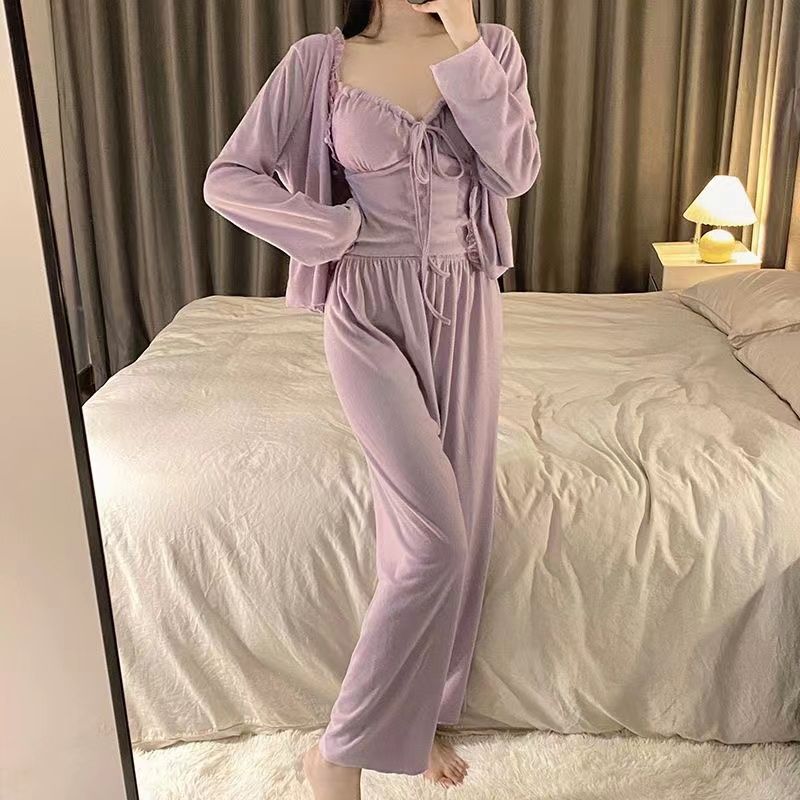 Pajamas autumn women's suspenders long-sleeved trousers three-piece suit spring and autumn can be worn outside sexy high-end home service