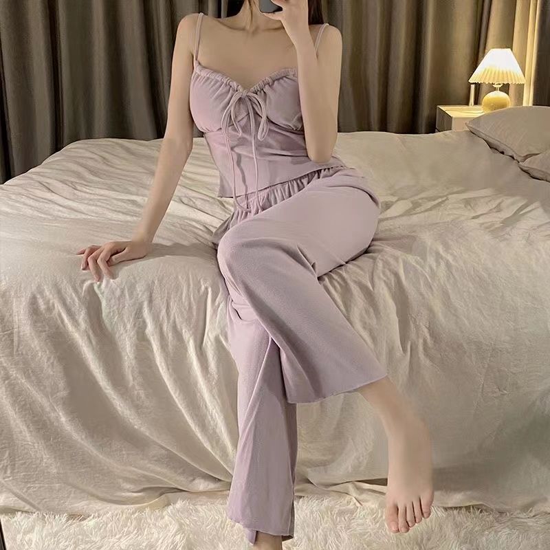 Pajamas autumn women's suspenders long-sleeved trousers three-piece suit spring and autumn can be worn outside sexy high-end home service